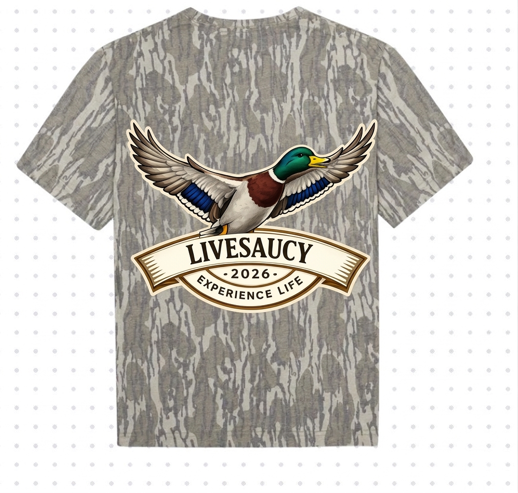Live Saucy BottomLand shirt with flying mallard on back