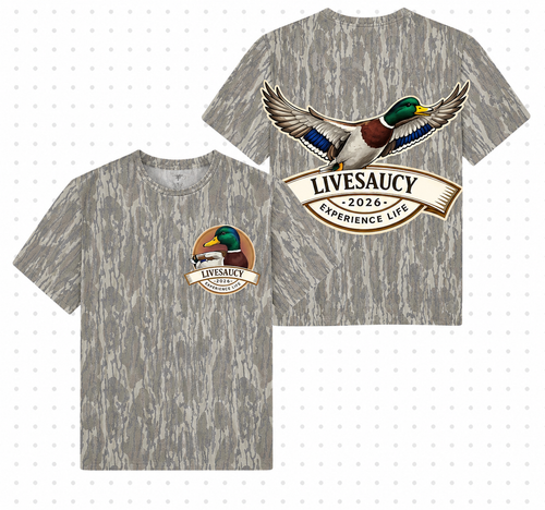Live Saucy BottomLand shirt with flying mallard on back